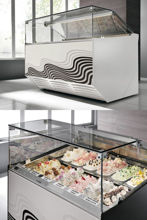 Gelato Display Ideas, Gelato Display, Gelato Machine, Ice Cream Display, Food Kiosk, Gelato Ice Cream, Bakery Decor, Ice Cream Cart, Glass Display Case