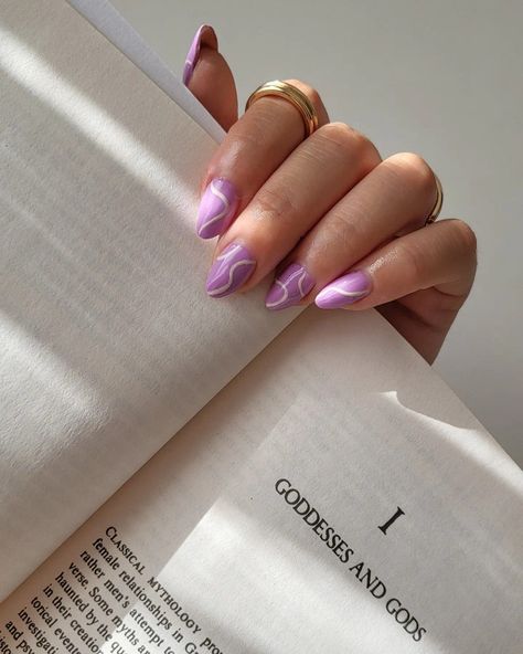 A woman's hand with purple nails holding a book with a heading reading 'goddesses and gods' Purple Nails With White Lines, White Line Nail Art, Nails With White Lines, White Design Nails, Purple Summer Nails, Nail Art For Summer, Art For Summer, Nails With White, Line Nail Art