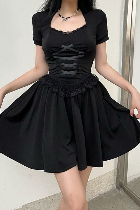 Buy Fleepmart Fashion Gothic Dark Lace Stitching Summer Party Dress Female Slim Corset Tie Up Pleated Dresses Mini Korean Sundress at fleepmart.com! Free shipping to 185 countries. 45 days money back guarantee. Knitting Dresses, Summer Profile, Night Club Dresses, Collar Model, Vintage Goth, Lace Bands, Lace Patchwork, Quality Dresses, Summer Party Dress