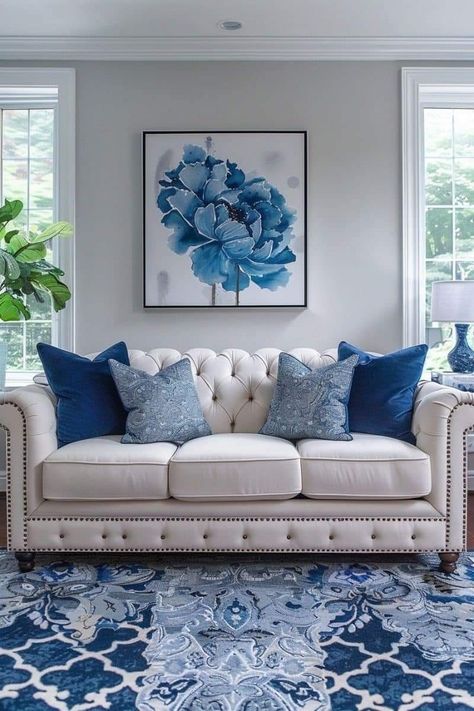 Small Living Room Inspiration, Mint Green Room, Green Room Design, Living Room Design Blue, Blue And White Living Room, Small Living Room Ideas, Blue White Decor, Living Room Color Schemes, Casa Vintage