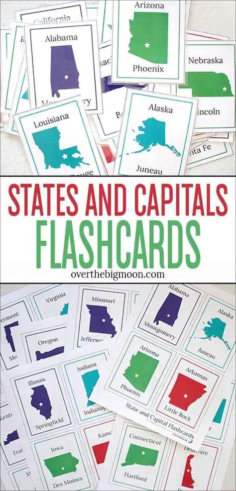 #ad These States and Capitals Flashcards are the perfect tool to help you or your kid learn the US States and Capitals! Download, print, laminate and learn! From overthebigmoon.com #statesandcapitals #stateflashcards #usaflashcards #statecapitals #shelfliner #DuckBrand Teaching State Capitals, How To Learn States And Capitals, Teaching 50 States And Capitals, How To Teach States And Capitals, Usa States And Capitals, Learning State Capitals, Learn 50 States And Capitals, Midwest States And Capitals, State And Capitals Worksheets