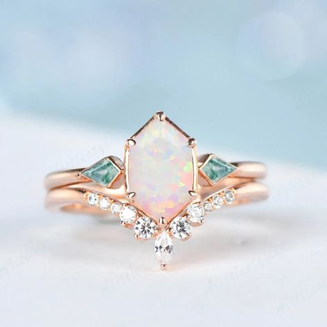 Unique Opal Wedding Rings, Real Opal Engagement Ring, White Opal Wedding Ring, Opal Ring Set, Non Traditional Engagement Rings Opal, Opal Wedding Theme, Etsy Rings Engagement, Opal Engagement Ring Gold, Unique Wedding Ring Set