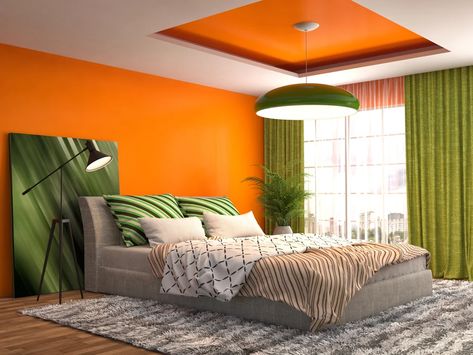 Bold Colored Bedroom Orange And Green Bedroom, Brown Living Room Decor, Orange Rooms, Bedroom Color Combination, Orange Bedroom, Brown Rooms, 70s Home, 70s Home Decor, Bedroom Orange