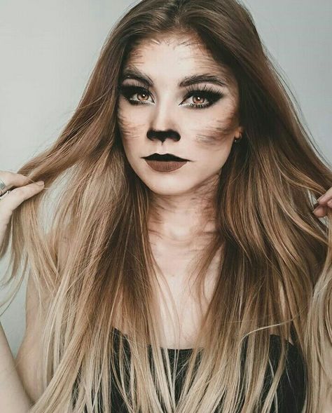 Cute Raccoon Makeup Halloween, Wolf Custome Halloween, She Wolf Makeup Halloween, Wolf Nose Makeup, Raccoon Face Makeup, She Wolf Makeup, Cute Wolf Makeup, Wolf Eyes Makeup, Werewolf Makeup Female Halloween