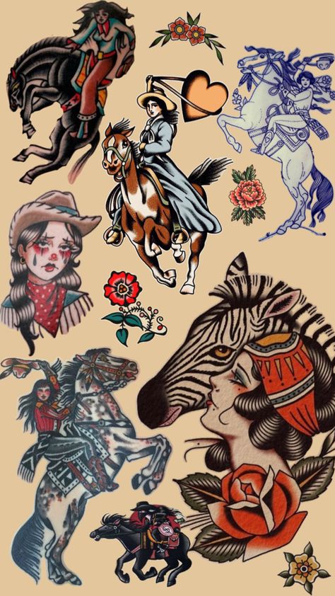 Traditional Horse Tattoo, Traditional Tattoo Horse, Tattoo Horse, Horse Tattoos, Cowgirl Tattoos, Tattoo Board, Western Tattoos, Traditional Flash, Horse Tattoo