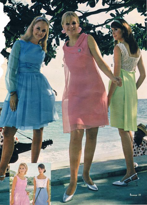 Penneys catalog 60s cocktail party dress full skirt sheath shift pink blue green full skirt short knee length sheer mode looks vintage fashion style models magazine 60s Summer Fashion, 1967 Fashion, 60s Summer, Late 60s Fashion, 60’s Fashion, 60s Fashion Dresses, Superstar Barbie, Groovy Fashion, 1960 Fashion