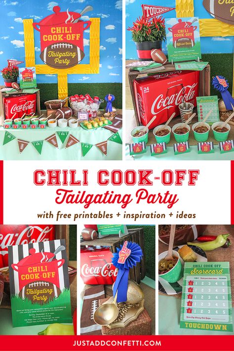 This Chili Cook-Off Tailgating Football Party is full of inspiration, ideas, recipes, and free printable custom graphics to make your Chili Cook-Off Tailgating Party score a big win on game day! #KickoffWithGreatTaste #footballparty #tailgatingparty #footballfood #footballfun Chili Cook Off Theme Ideas, Chili Cook Off Score Card Free Printable, Chilli Cook Off Ideas Parties, Seasoned Ritz Crackers, Chili Cookoff Ideas Decorations, Chili Cookoff Ideas, Cookoff Ideas, Football Chili, Tailgate Chili