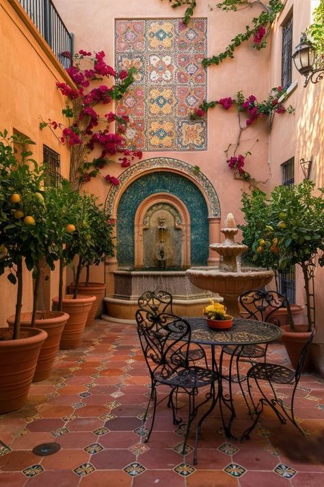 Spanish Modern Courtyard, Tiles On House Exterior Walls, Spanish Style Homes Backyard, Spanish Tiles Outdoor, Home With A Courtyard, Spanish Courtyard Garden, Spanish Style Homes Courtyard, Mediterranean Patio Design Ideas, Mediterranean Front Porch