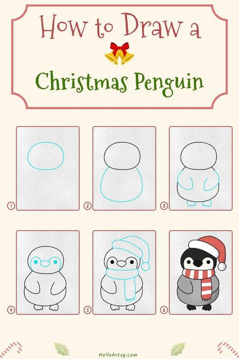 Step by step images demonstrating a How to Draw a Christmas Penguin - A Drawing Lesson for Kids! Christmas Penguin Drawing, Christmas Drawings For Kids, New Year's Drawings, Draw Christmas, Easy Christmas Drawings, Xmas Drawing, Christmas Art For Kids, Christmas Sketch, Penguin Drawing