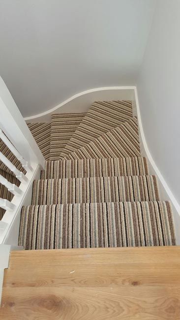 Beige Stripey Stair Carpet in Private Residence Striped Stair Carpet, Stairs Landing, Carpet Staircase, Striped Carpets, Carpet Installation, Cheap Carpet Runners, Beige Carpet, Carpet Stairs, Stair Runner Carpet