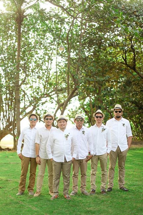 Laid Back Groomsmen Attire, Beach Wedding Barong, Male Beach Wedding Attire, Groomsmen Indonesia, Groomsmen Attire Beach Wedding, Romantic Sunset Wedding, Romantic Sunset Beach, Mens Beach Wedding Attire, Sunset Beach Wedding