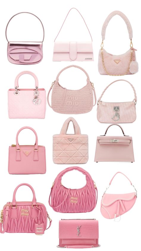 Pink bags #pink #aesthetic #inspo #shufflefyp #myfirstshuffle #meuprimeiroshuffle #pinkaesthetic #purse #dior #outfitinspo #prada #birkin #miumiu Prada Bag Aesthetic, Pink Bags, Trendy Purses, Miu Miu Bag, Bags Pink, Pink Handbags, Bags Aesthetic, Material Girls, Bagpack