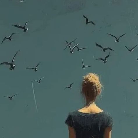 Paola Luther | This painting depicts a lone figure standing in a field, gazing at a sky filled with birds in flight. The striking contrast between the... | Instagram Bird In Flight Painting, Birds In Flight Art, Standing In A Field, Minimalist Details, Freedom Art, Artwork Portrait, Connection With Nature, Birds In The Sky, A Lone