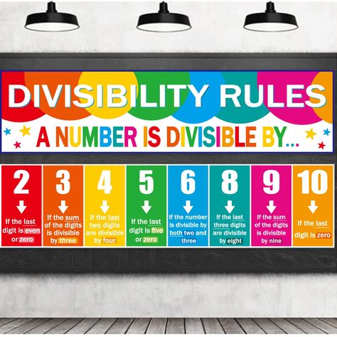 PRICES MAY VARY. 【What You Get】Includes 2 pieces math divisibility rules classroom banner.They are all perfect for math classroom decoration needs or homeschooling needs. 【Attractive Design】Our educational math banners are all new design.The colorful well designed pictures are very eye-catching and can easily arouse students' interests.They can help students to understand the fundamentals of the mathematical concept. 【Product Dimension】Each math classroom decor banner measures 47*12inch/120*30cm Elementary Math Classroom Decorations, Mathematics Classroom, Math Classroom Posters, Concept Product, Divisibility Rules, Math Posters, Math Classroom Decorations, Grade 6 Math, Classroom Banner