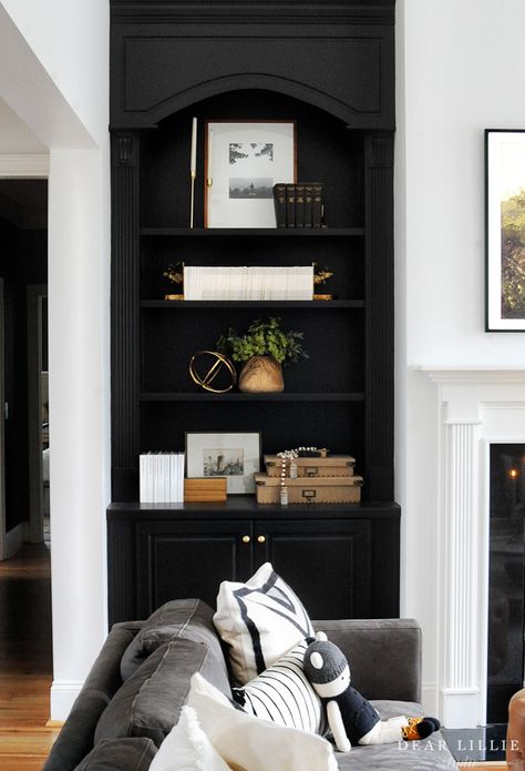 Our Updated Traditional Black and White Living Room - Dear Lillie Studio Black White Gold Living Room, Bookshelves Black, Black Bookcases, Living Room Traditional, Black Bookcase, Dear Lillie, Built In Shelves Living Room, Black And White Living Room, Gold Living