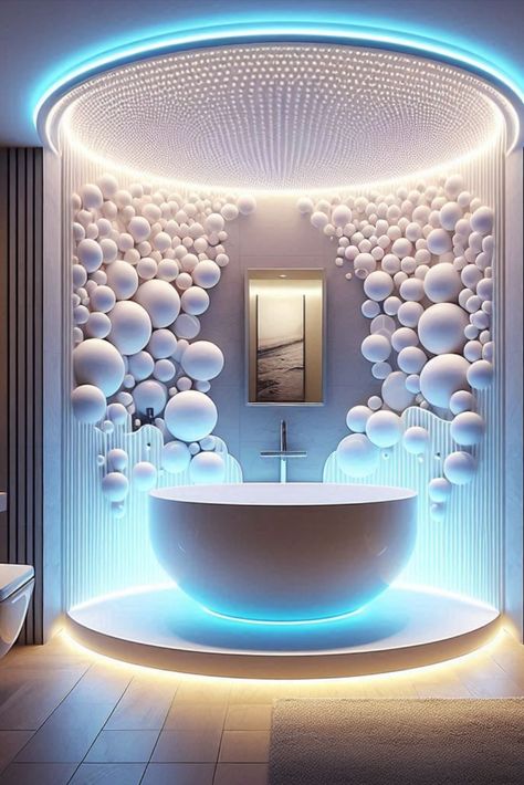 Set any mood with color-changing LED lights. Transform your bathroom into a personal spa experience. #ColorChangingLED #MoodLighting Aesthetic Bathroom Led Lights, Led Lights Shower Bathroom, Purple Led Bathroom, Led Circular Bathroom Mirror, Mermaid Led Lights, Led Color Changing Lights, Spa Experience, Color Changing Led, Lighting Ideas