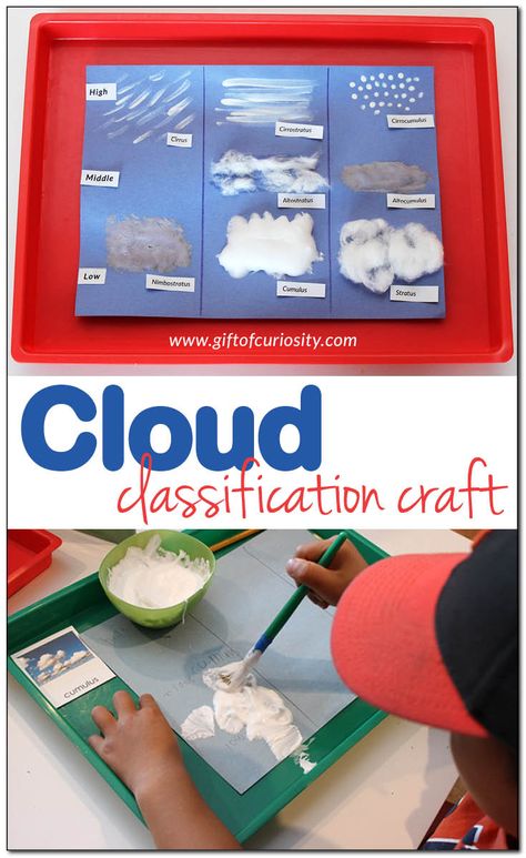 Cloud classification craft for learning about the weather: Kids can use any of three different materials to create different types of clouds, showing both the shape of the clouds as well as the altitude at which each cloud is found. || Gift of Curiosity Cloud Crafts For Kids, Cloud Crafts, Pumpkin Poppers, Rain Stick Crafts, Types Of Clouds, Cloud Activities, Weather Activities For Kids, Teaching Weather, Steam Activity