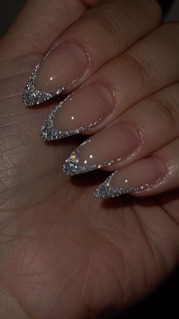 Silver Sparkle Nails French Tip, Silver Glitter French Tips Almond, Glittery Nails Silver, Sliver Homecoming Nails, Reflected Glitter Nails, Disco French Nails, Sparkly Classy Nails, Reflective Silver Nails, Silver Party Nails