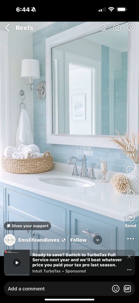 Coastal Bathroom Showers, Bathroom With Light Blue Vanity, Coastal Modern Master Bath, Beachy Shower Tile Ideas, Coastal Grandma Bathroom, Light Blue Bathrooms, Beige And Blue Bathroom, Powder Blue Bathroom, Coastal Master Bath