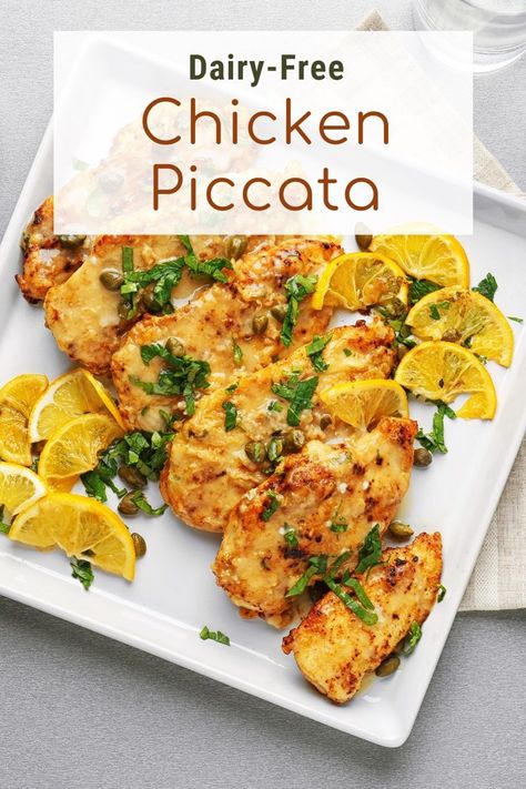 Dairy-Free Chicken Piccata Recipe - easy, Italian-style lemon caper chicken with gluten-free option. Dairy Free Chicken Piccata, Gluten And Dairy Free Italian Recipes, Alpha Gal Recipes Dairy Free, Gluten Free Chicken Piccata, Dairy Free Gluten Free Chicken Recipes, Alphagal Allergy Recipes, Italian Recipes Gluten Free, Non Dairy Chicken Recipes, Gluten Free Dairy Free Chicken Recipes