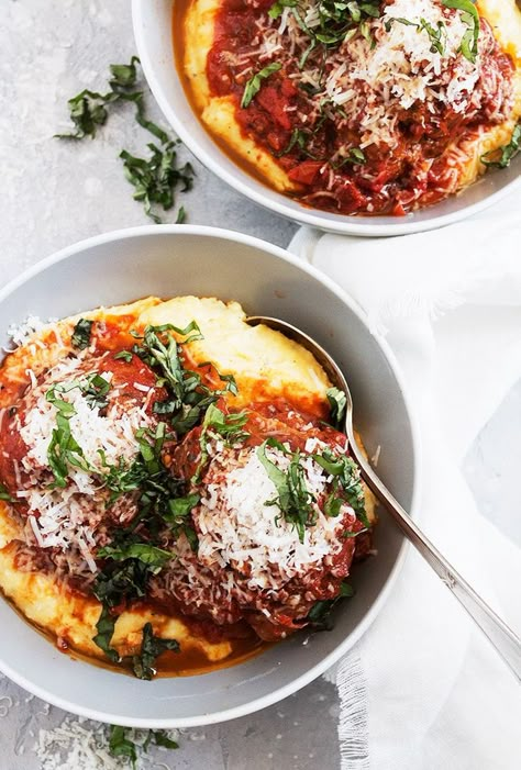 Pork Prosciutto Meatballs and Polenta - These big pork meatballs are wrapped in prosciutto, browned and simmered in tomato sauce, then served on top of polenta. Homemade Chicken Parmesan, Chicken Parmesan Meatballs, Parmesan Meatballs, Polenta Recipes, Creamy Polenta, Pork Meatballs, Date Night Recipes, Homemade Tomato Sauce, White Bowl