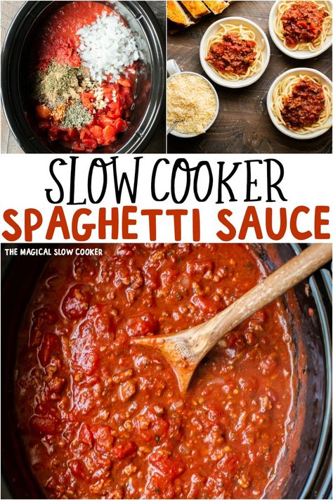 Slow Cooker Spaghetti sauce is slow-cooked and full of vegetables and herbs; perfect over any shape of pasta. Crockpot Spaghetti Sauce, Slow Cooker Spaghetti Sauce, Crockpot Spaghetti, Slow Cooker Spaghetti, Sauce Spaghetti, The Magical Slow Cooker, Spaghetti Sauce Recipe, Homemade Spaghetti Sauce, Easy Spaghetti