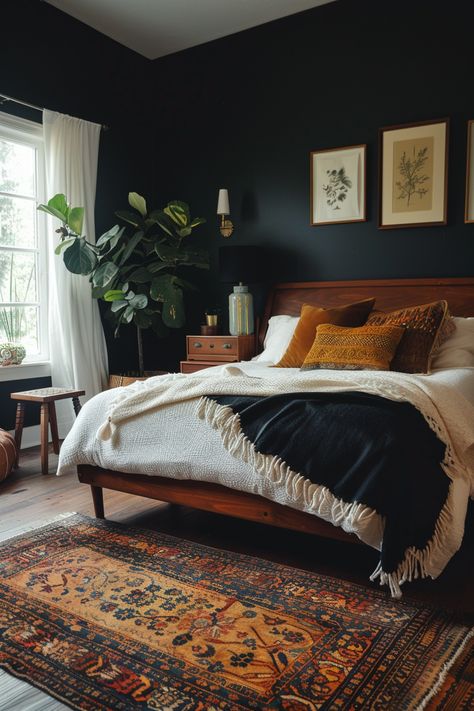 Dark Boho Bedroom, Earthy Bedroom, Bedroom Refresh, Decoration Inspiration, Remodel Bedroom, Master Bedrooms Decor, Decor Minimalist, Black Walls, My New Room