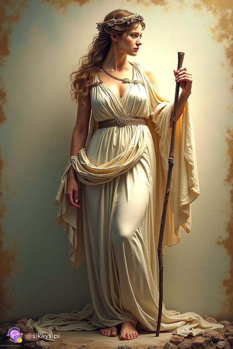 In this stunning depiction, Demeter, the goddess of the seasons and agriculture, stands proudly with her floral crown, symbolizing the changing cycles of nature. Her presence ensures the prosperity of the harvest and the earth's abundance.  #Demeter #SeasonsGoddess #GreekMythology #AgriculturalGods #HarvestCycle #MythicalArt #EpicFigures Demeter Goddess, Roman Clothes, Greek Dress, Goddess Outfit, Body Study, Portrait References, Greek Goddess Costume, Portraits Art, Greco Roman