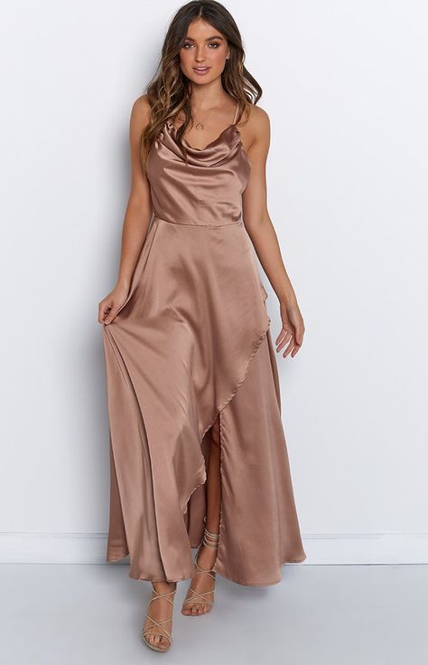 Brown Braidsmaid Dress, Bronze Bridesmaid Dress, Mocha Bridesmaid Dresses, Mocha Color Dress, Bronze Bridesmaid Dresses, Satin Cowl Neck Dress, Brown Dresses Formal, Beige Bridesmaids, Fall Bridesmaid