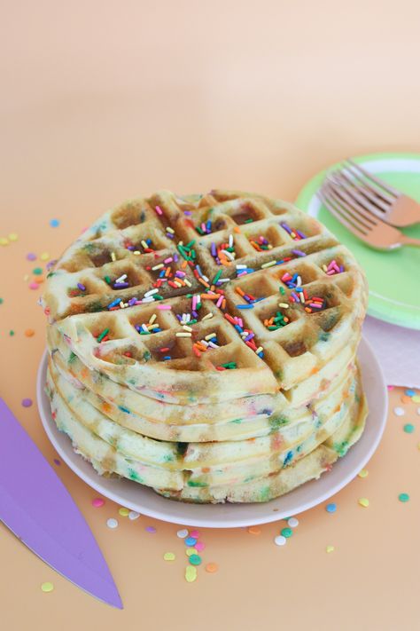 Funfetti Cake Batter Waffles | Club Crafted Birthday Waffles, Cake Batter Waffles, Bday Breakfast, Homemade Confetti, Funfetti Pancakes, Brunch Foods, Different Kinds Of Cakes, Remy Ma, Waffle Iron Recipes