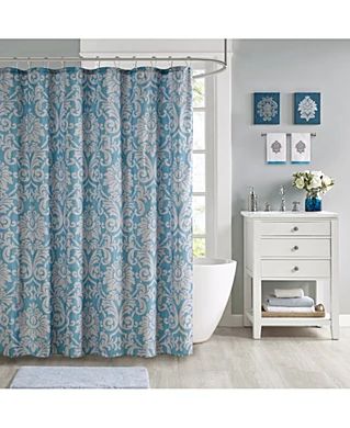 JLA Home Bathroom Accessories - Macy's Master Bath Makeover, Teal Damask, Bath Runner Rugs, Bedroom Closets, Curtains Accessories, Bath Makeover, Blue Shower Curtains, Designer Living, Blue Curtains