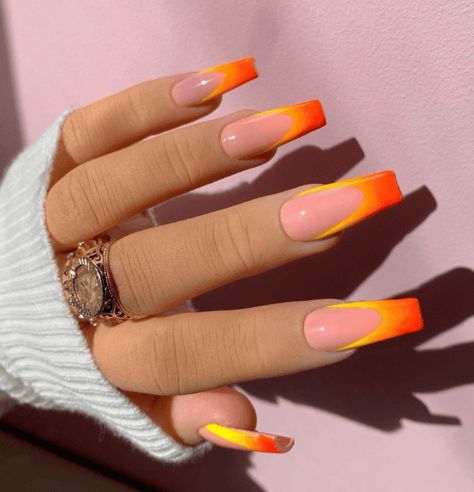 16 Cutest Summer Nail Colors That Will 100% Turn Heads This Year! Fall Ombre Nails, Orange Ombre Nails, Orange Acrylic Nails, Yellow French, Fall Ombre, Summer Nails Colors, Yellow Nails, Orange Nails, Dream Nails