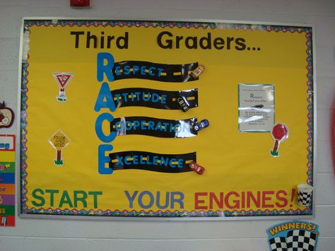 RACE car theme (Character: R=respect, A=Attitude, C=Cooperation, E=Excellence) Focus on a trait the first four weeks Race Car Classroom Theme, Race Theme, Disney Cars Theme, Mindset Bulletin Board, Class Bulletin Boards, Bible Camp, Racing Theme, Race Car Themes, Appreciation Gifts Diy