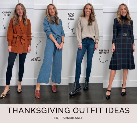 Thanksgiving Outfit Ideas (Dressy + Casual) - Merrick's Art Family Thanksgiving Outfits 2022, Thanksgiving Outfit Ideas 2023, Thanksgiving Weekend Outfits, Thanksgiving Host Outfit Women, Casual Thanksgiving Outfits 2022, Family Dinner Outfit Winter, Thanksgiving Outfits Women 2023, Casual Thanksgiving Outfits Comfy, Comfortable Thanksgiving Outfit