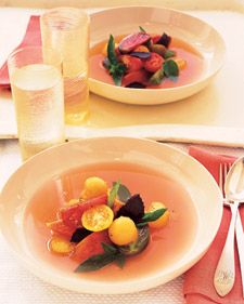 Use only perfectly ripe tomatoes for this dish. They will yield much more liquid to ladle around each colorful serving. Cantaloupe Salad, Tomato Water, Molecular Gastronomy Recipes, Basil Salad, Produce Recipes, Martha Stewart Recipes, Easy Summer Dinners, Basil Pasta, Tomato Season