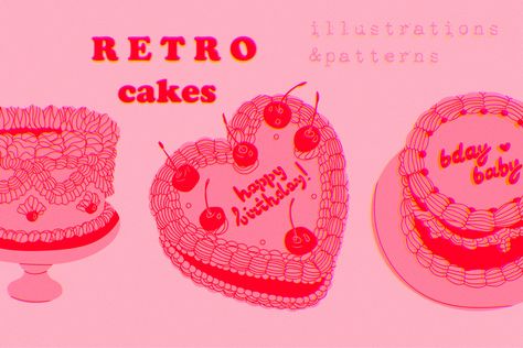 Retro cakes by Twisted Tail on @creativemarket Trendy Bakery, Retro Cakes, Orange Birthday Cake, Retro Cake, Birthday Doodle, Cake Illustration, Patterned Cake, Sweet Pea Flowers, Logo Poster