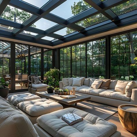 High Ceiling Sunroom, Sunroom Interior Ideas, Conservatory Ideas Interior Decor, Solarium Room, Garden Ideas Large, Modern Sunroom, Street Style Room, Modern Conservatory, Conservatory Ideas