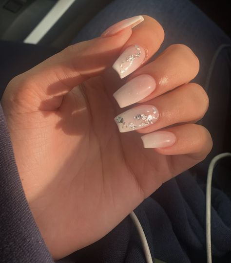 Classy ombre coffin nails, wedding nails, nails, simple nails, pretty nails, cute nails, white ombre nails, nail designs Nails With Silver Foil, Cute Nails White, White Ombre Nails, Ombre Coffin Nails, Foil Nail Designs, Ombre Coffin, Nails Images, Nails With Silver, Brown Acrylic Nails