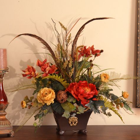 Floral Home Decor Orchid, Peony and Feather Silk Flower Arrangement Silk Floral Centerpiece, Thanksgiving Floral Arrangements, Rose Centerpiece, Peony Arrangement, Thanksgiving Floral, Sunflower Arrangements, Large Flower Arrangements, Peonies And Hydrangeas, Silk Arrangements