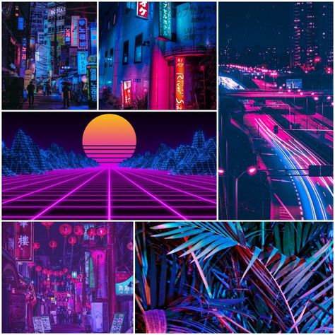 Neon Moodboard Aesthetic, 80s Mood Board, Vaporwave Moodboard, Cyberpunk Moodboard, Neon Moodboard, Fanfiction Aesthetic, Futuristic Punk, Afro Futuristic, Vaporwave Room