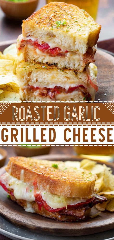 Roasted Garlic Grilled Cheese is a hearty hot sandwich made with artisan bread, a roasted garlic spread, two kinds of cheese, tomato, and bacon. Make this easy dinner recipe! Grilled Cheese On Ciabatta Bread, Ciabatta Grilled Cheese, Chibatta Bread Ideas, Chibatta Sandwich, Chibatta Bread Sandwich Ideas, Chibatta Bread Recipe, Chibatta Bread, Garlic Grilled Cheese, Roasted Garlic Spread