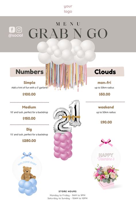 Get your EDITABLE BALLOON MENU BUNDLE and wow your clients today! Our templates are designed to help you craft an experience that's as special as the occasion itself!  💖 #Wedding #WeddingPlan #BridalShower #BabyShower #Birthday #CreatingMemories #EventPlanning #BalloonMockup Styling Business, Balloon Business, Sweet Carts, Balloon Artist, Balloon Pump, Planning Tools, Create Memories, Online Parties, Balloon Decor