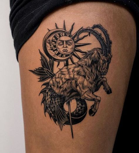 30+ Unique Capricorn Tattoo Designs With Best Placement Ideas Goat Zodiac Tattoo, Year Of The Goat Tattoo Design, Seagoat Tattoo Capricorn, Astrology Tattoo Capricorn, Year Of The Goat Tattoo, Goat Tattoo Capricorn, Capricorn Tattoo For Men Design, Seagoat Tattoo, Capricorn Goat Tattoo