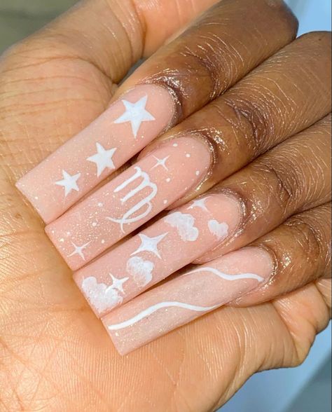 astrology nails Birthday Nails Zodiac, Birthday Nails Virgo, Astrology Nails, Zodiac Nail Designs, 21st Birthday Nails, Birthday Nail Designs, Moon Nails, Classy Acrylic Nails, Long Acrylic Nails Coffin