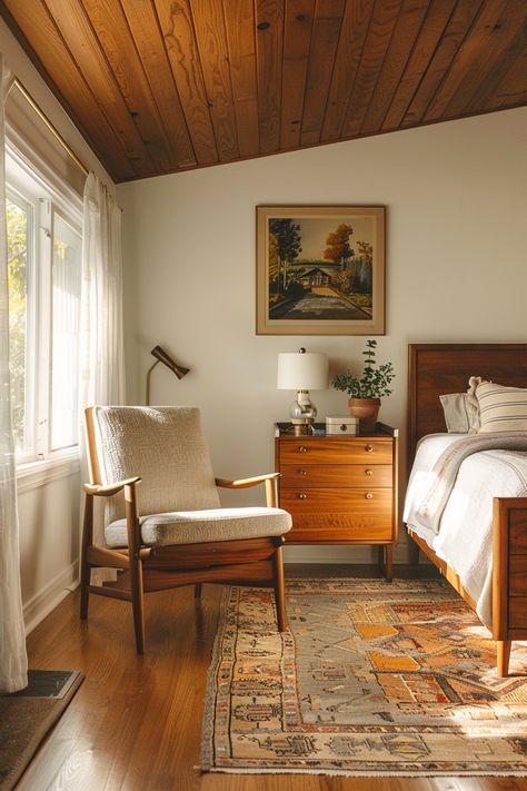 Add a unique touch to your bedroom with creative mid-century modern inspirations that emphasize both design and functionality. 🌿✨ Devol Bedrooms, Extra Wall Ideas, Very Large Bedroom Ideas, San Francisco Bedroom Ideas, Bedroom With No Natural Light, Mid Century Modern Canopy Bed, Northeast Interior Design, Bedroom Decor Tan Walls, Mid Century Cabin Interiors