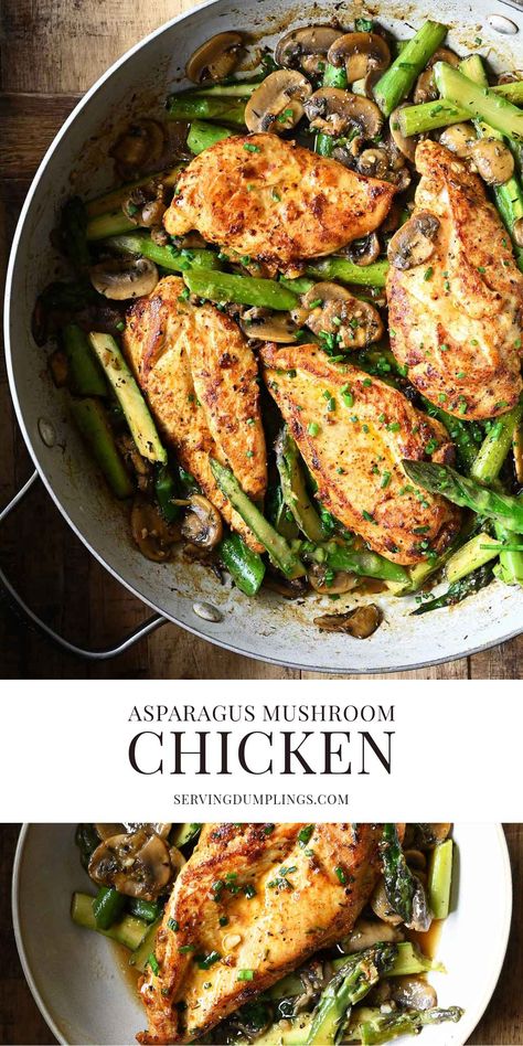 Chicken with Asparagus and Mushrooms Dinners With Asparagus, Meals With Asparagus, Newlywed Meals, Chicken And Asparagus Recipes, Chicken Asparagus Recipe, Mushroom Asparagus Risotto, Chicken With Asparagus, Garlic Mashed Cauliflower, Braised Chicken Breast