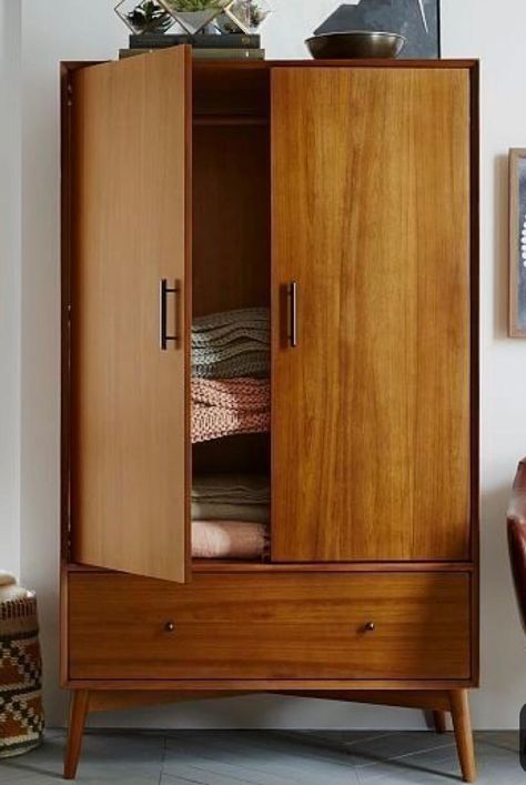 Midcentury Modern Closets, 70s Wardrobe Furniture, Mid Century Armoire, Wardrobe Shutters, Living Room Storage Ideas, Modern Armoire, Stylish Living Room Furniture, Standing Closet, Hotel Room Interior