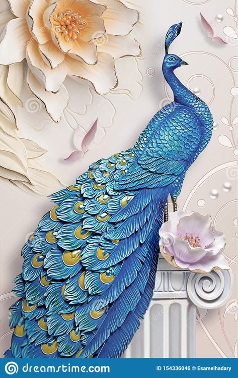 3d Mural Background Blue Peacock On Branch Wallpaper . With Flowers Stock Photo - Image of blossom, abstract: 154336046 3d Mural, Horror Vintage, Peacock Wall Art, Diamond Drawing, Film Horror, Blue Peacock, Wood Wallpaper, Mural Design, Diy Crystals