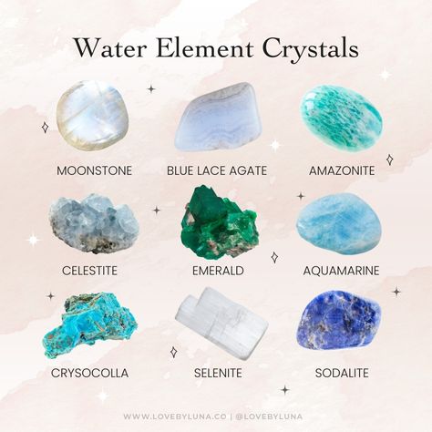 Love By Luna® on Instagram: “Water Element Crystals 💧 Water is the element of emotions and the unconscious, transformation and healing. It’s associated with the divine…” Energy Stones Crystal Healing, Beings Of Light, Crystal Healing Chart, Elemental Magic, Crystals Healing Properties, All We Know, Spiritual Crystals, Crystal Therapy, Crystal Healing Stones