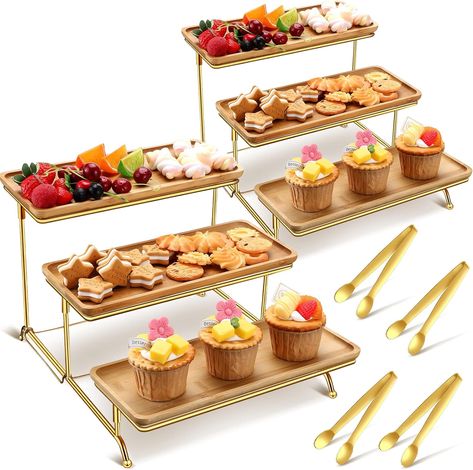 Thyle 2 Pcs 3 Tier Serving Trays Stand Rectangle Bamboo Tiered Serving Platters Dessert Table Display Set with 4 Pcs Serving Tongs Rustic Tiered Trays with Metal Rack for Food Fruit Dessert Cupcake